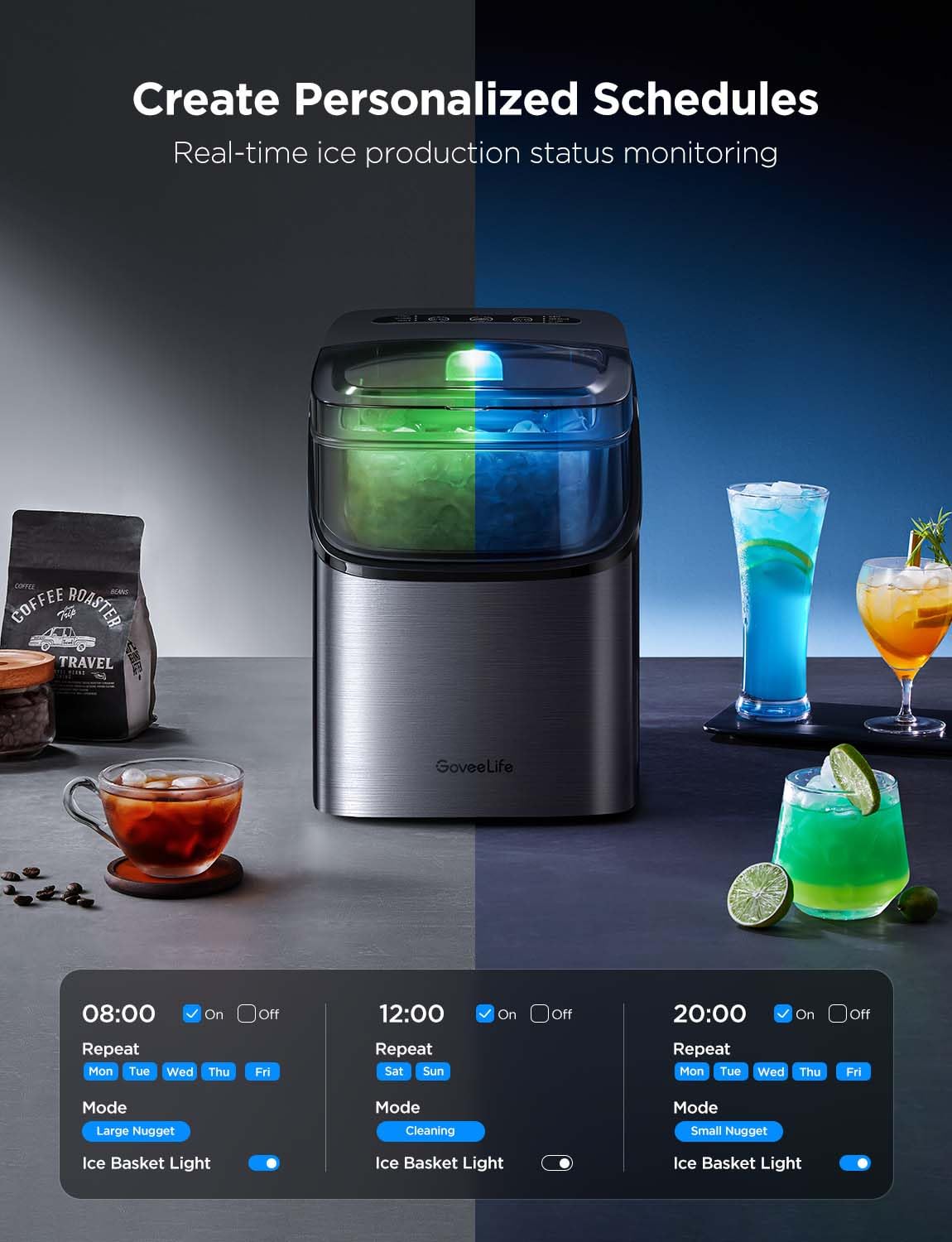 GoveeLife Smart Ice Maker Countertop, Portable Ice Machine with Voice Control, 9 Ice Cubes in 6 Minutes 3 Sizes, 26lbs/24Hrs, Self Cleaning RGB Lights, Quiet Ice Maker with Scoop for Kitchen Silver