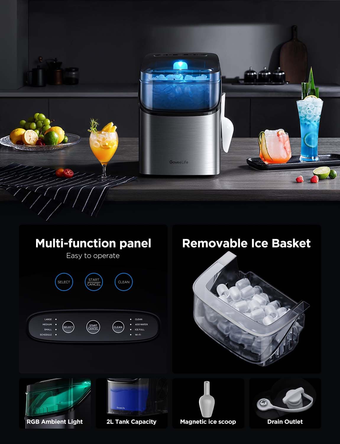 GoveeLife Smart Ice Maker Countertop, Portable Ice Machine with Voice Control, 9 Ice Cubes in 6 Minutes 3 Sizes, 26lbs/24Hrs, Self Cleaning RGB Lights, Quiet Ice Maker with Scoop for Kitchen Silver