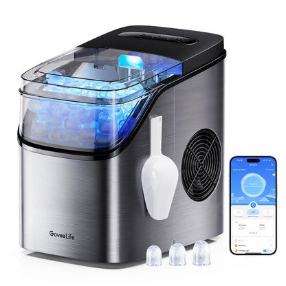 GoveeLife Smart Ice Maker Countertop, Portable Ice Machine with Voice Control, 9 Ice Cubes in 6 Minutes 3 Sizes, 26lbs/24Hrs, Self Cleaning RGB Lights, Quiet Ice Maker with Scoop for Kitchen Silver