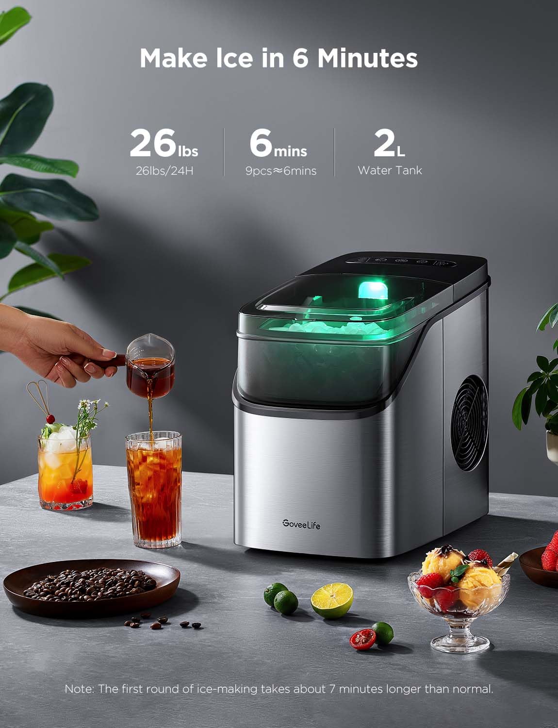 GoveeLife Smart Ice Maker Countertop, Portable Ice Machine with Voice Control, 9 Ice Cubes in 6 Minutes 3 Sizes, 26lbs/24Hrs, Self Cleaning RGB Lights, Quiet Ice Maker with Scoop for Kitchen Silver